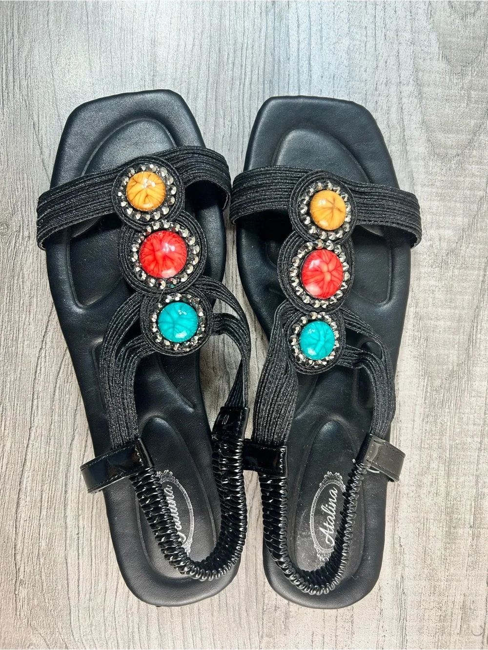 Women's Sandals Black with Turquoise, Red & Yellow Accents Size 10(41-41.5)